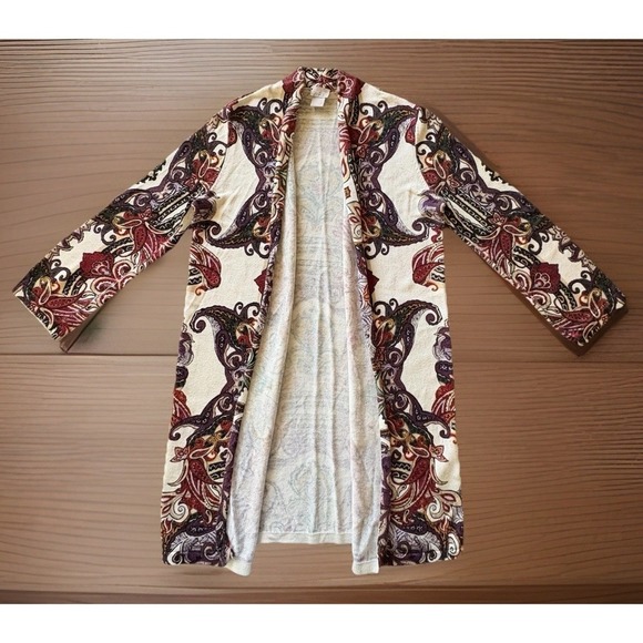 2 Piece Chicos 1/MED Artsy Multicolor Paisley Open Cardigan Duster Long Sleeves - Picture 2 of 8